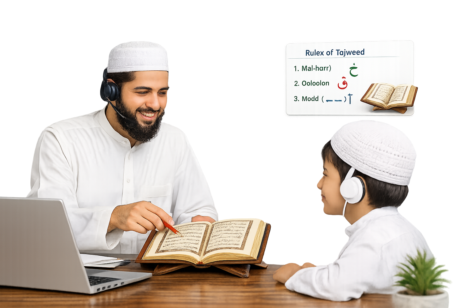Teacher and student learning Quran online with tajweed rules card